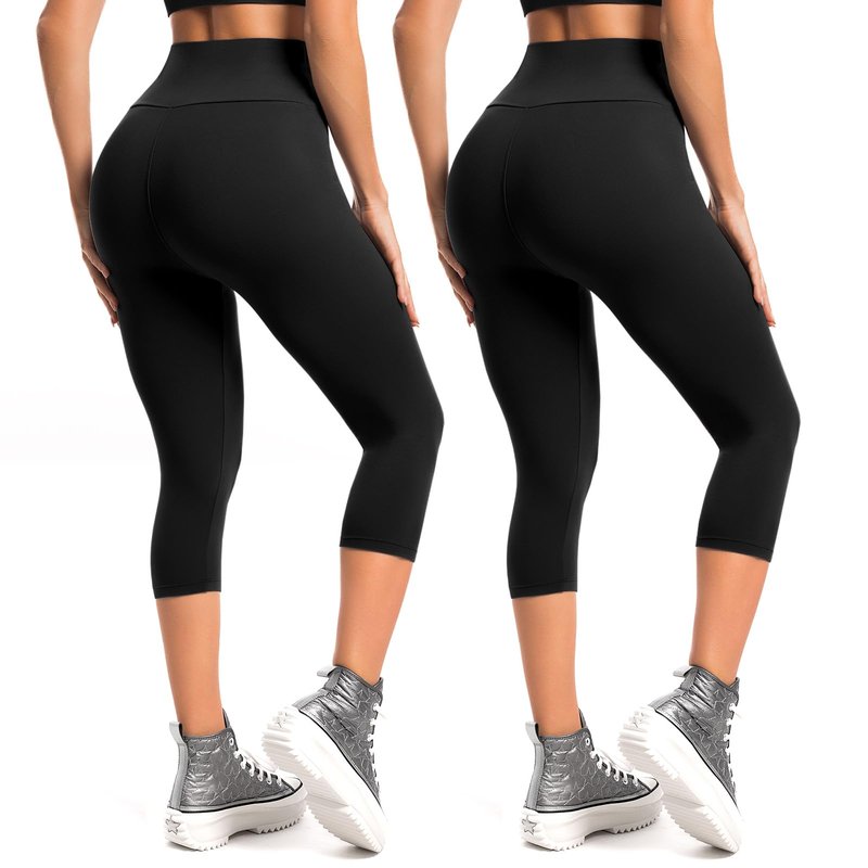 Leafigure 2-Pack Capri Leggings for Women, High Waisted Soft Yoga Pants for Gym Workout Black L-XL