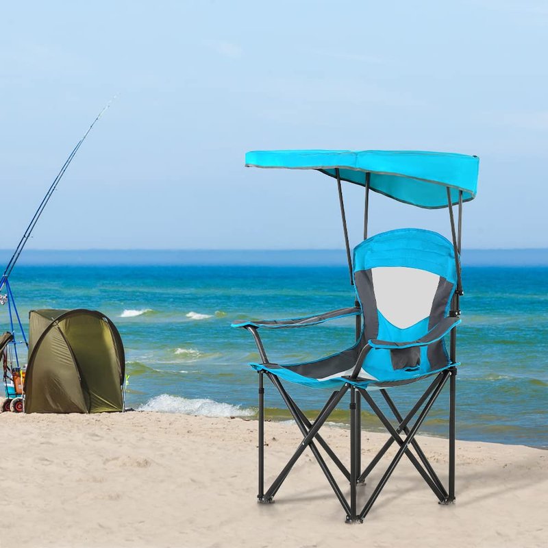 HIGH POINT SPORTS Camping Chairs with Shade, Heavy Duty Canopy Lounge Chair Sunshade Hiking Travel Chair with Cup Holder for Outdoor, Camping, Beach and Patio, Enamel Blue