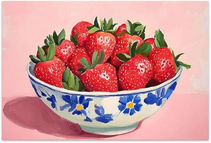 Yesad Strawberry Wall Art Print, Pink Kitchen Wall Décor Fruits Prints Canvas Wall Art Vintage Painting Pictures Modern Wall Décor for Living Room Dining Room Bedroom (Unframed,24”x16”, Strawberry)