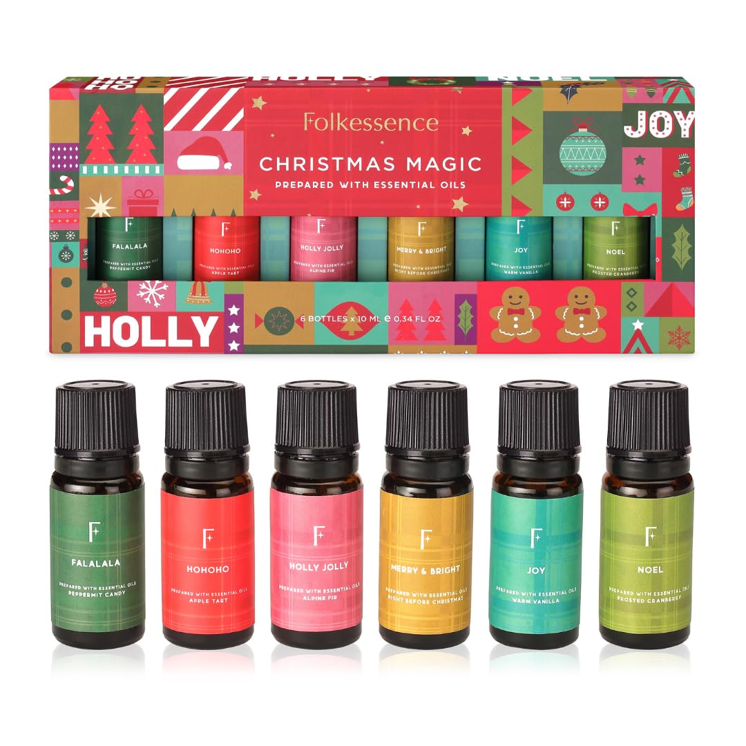 Folkulture Christmas Essential Oils for Diffuser | Set of 6 Essential Oils Set for Home | Peppermint, Candy, Apple Tart, Cranberry, Vanilla (Christmas Magic) | Aromatherapy Xmas Gift