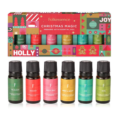 Folkulture Christmas Essential Oils for Diffuser | Set of 6 Essential Oils Set for Home | Peppermint, Candy, Apple Tart, Cranberry, Vanilla (Christmas Magic) | Aromatherapy Xmas Gift