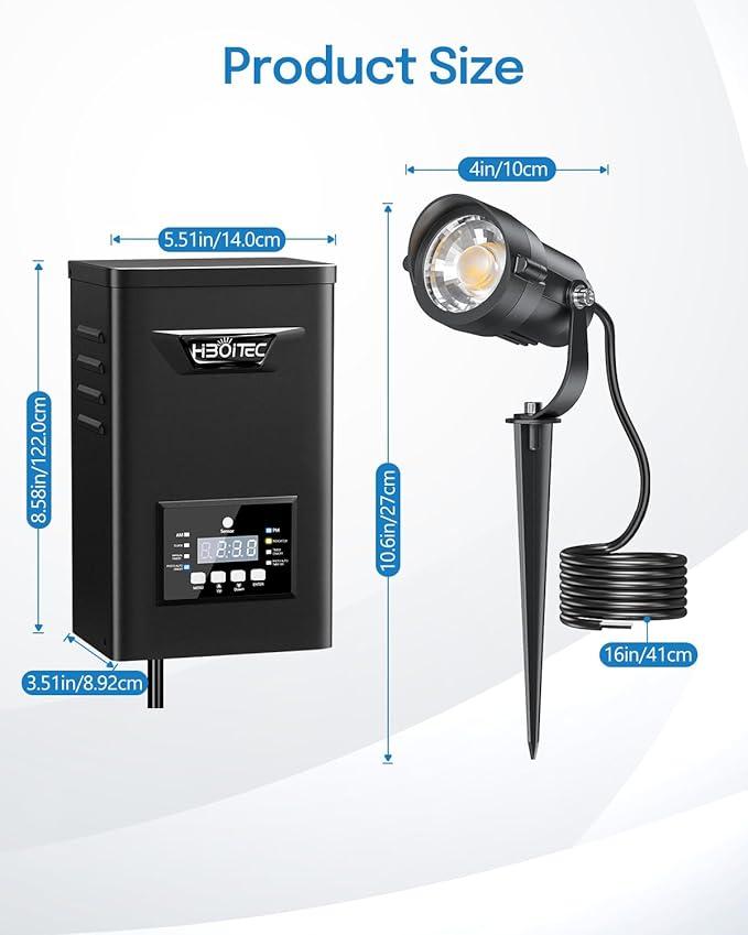 HIBOITEC Low Voltage Landscape Lighting 1200LM 12W with Connectors 200W Transformer Photocell Sensor and Timer Spotlights Landscape Lights Kit IP65 Waterproof 2700K for House Yard Trees 12 Packs
