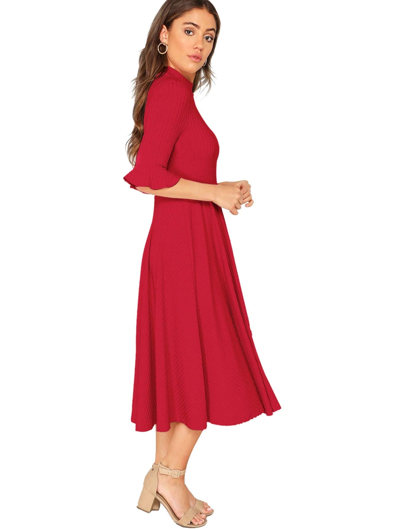 Verdusa Women's Ruffle Half Sleeve A Line Fall Dresses Elegant Fit and Flare Midi Dress Red Solid Small