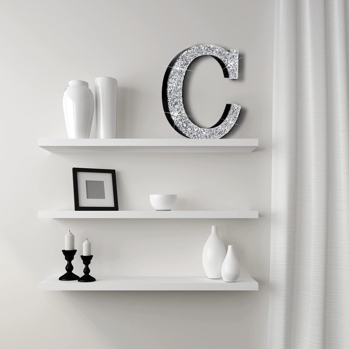 Qunclay Bling Letters for Wall Decor, Crystal Rhinestone Wooden Letters with Hooks, Crushed Diamond Glitter Letter for Bedroom Home Party Wedding Decor, Gift for Women(5.7"l X 5.7"w,Letter C,Silver)