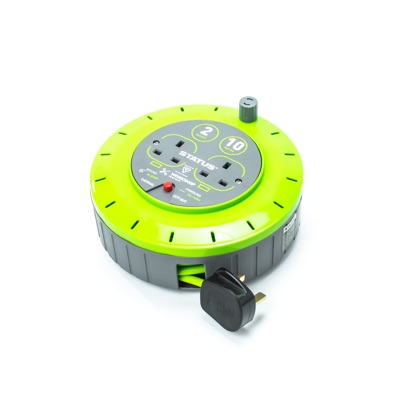 STATUS 2 Socket Cable Reel,10m Green Outdoor Extension Lead, Heavy Duty, 13 Amp, Thermal Cut Out Overload Protection, Ideal for Garden Power Tools,DIY Use, Workshop (S13A10MCR3)