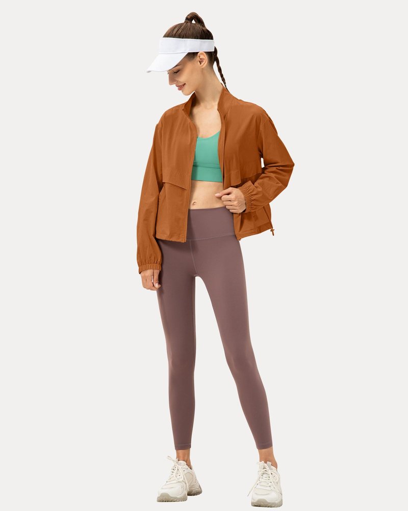 Locachy Women's Lightweight Zip Up Athletic Jacket Stand Collar Windproof Sun Protection Workout Outdoor Jacket Brown S