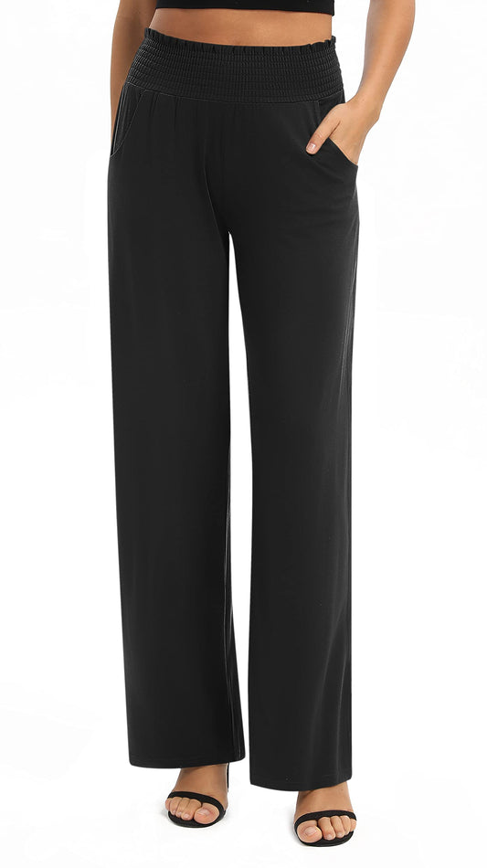 EXCHIC Women's Plain Loose Straight Cut Palazzo Trousers, High Waist, Stretchy Lounge Trousers with Pockets