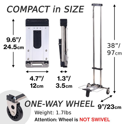 Japard Folding Carrying Cart, Luggage Cart with 2 Wheels One Way, Compact for Travel Small Mini Trolley for Light Duty School Business Bungee Cord