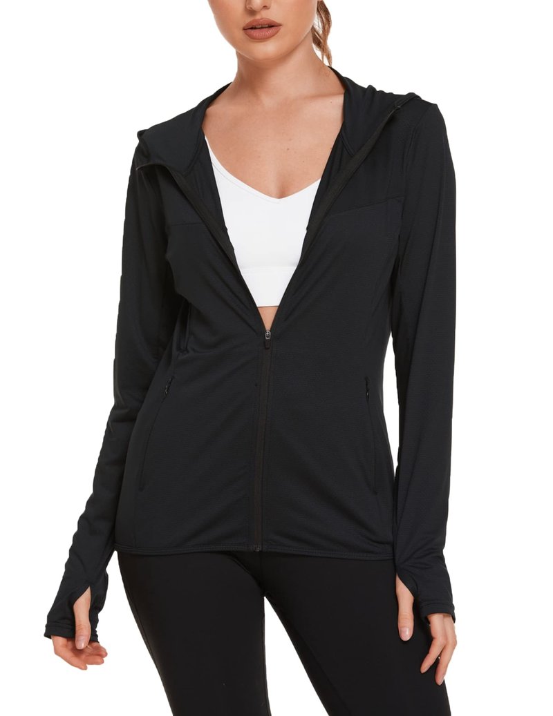 COOrun Women's UPF 50+ Sun Protection Hoodie Jacket Lightweight Full Zip Running Jacket Athletic Workout Top with Thumb Holes Zipper Pockets Black M
