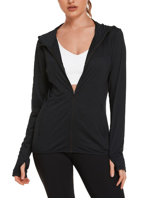 COOrun Women's UPF 50+ Sun Protection Hoodie Jacket Lightweight Full Zip Running Jacket Athletic Workout Top with Thumb Holes Zipper Pockets Black M