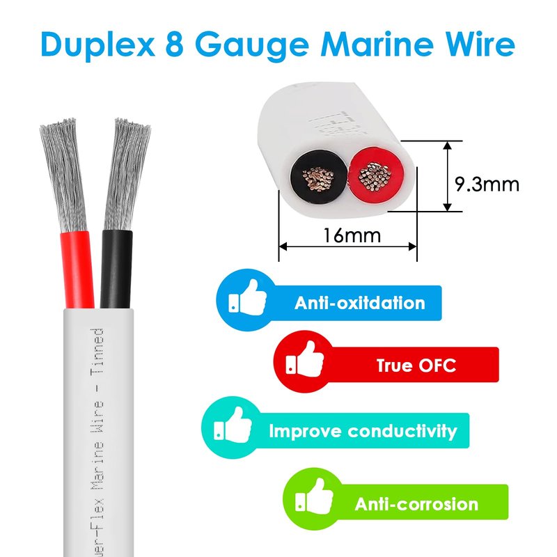 Kimbluth 8 Gauge Duplex Marine Wire Tinned Copper Boat Cable, 20ft 8 AWG Standard USA OFC Oxygen Free Copper Wire for Automotive Boat Speakers Solar Outdoors