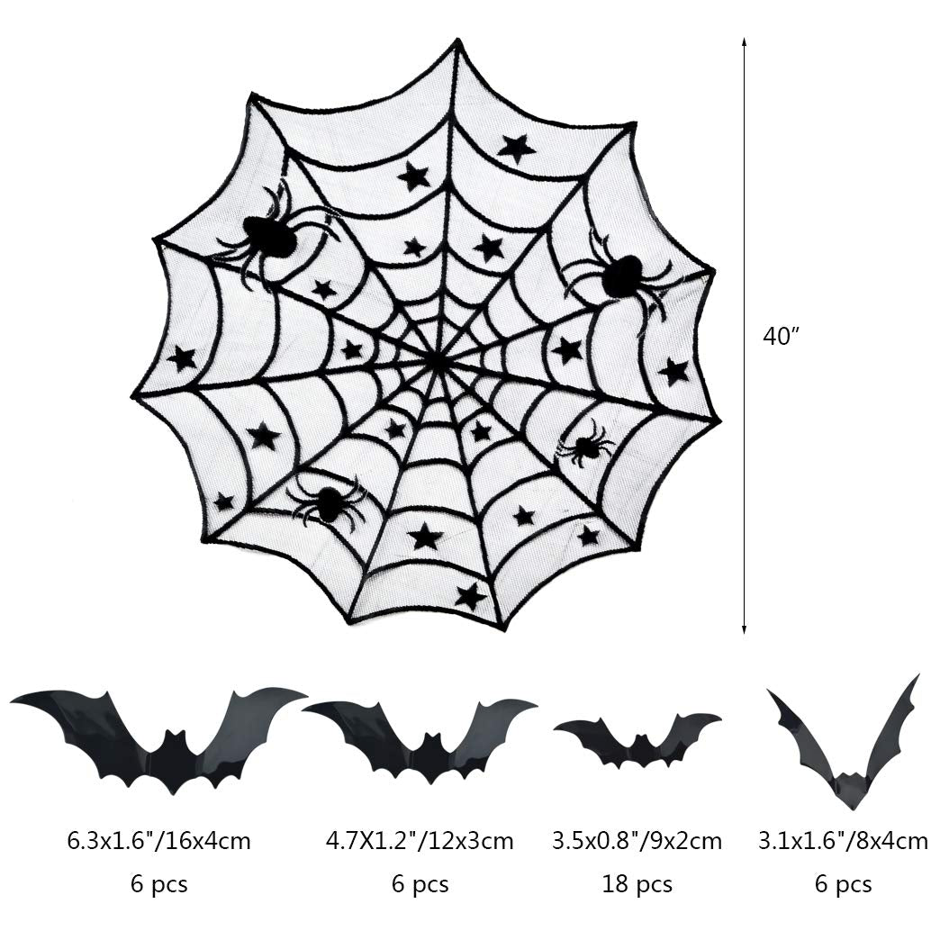 5pack Halloween Decorations Tablecloth Runner Black Lace Round Spider Cobweb Table Cover Fireplace Mantel Scarf Spiderweb Fireplace Scarf Spider Lampshade with 36pcs Scary 3D Bat for Halloween Party