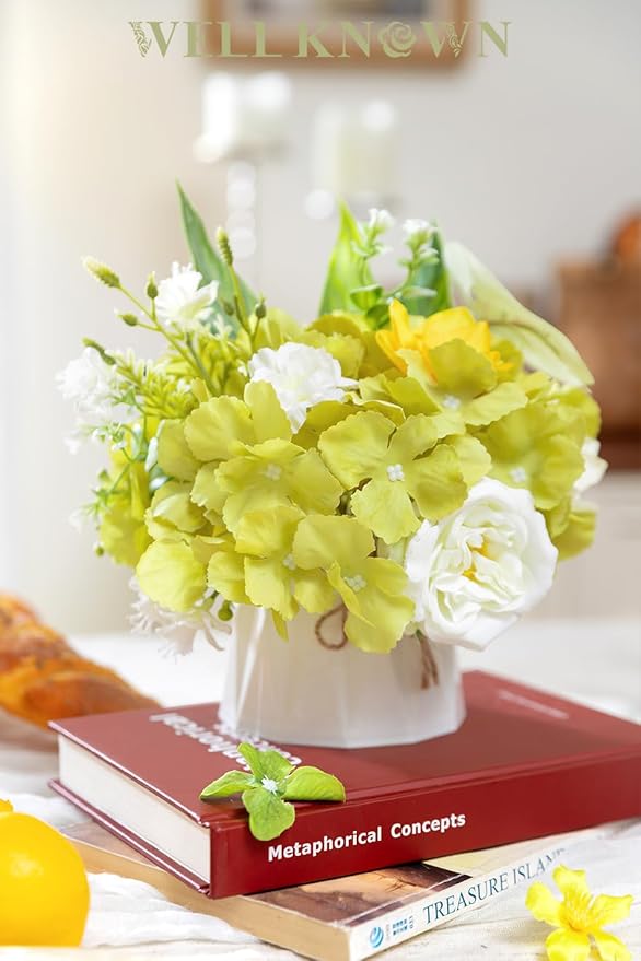 WELL KNOWN Small Fake Flowers in Plastic Vase 7" Centerpieces Coffee Table Decor, Green White Silk Flower Arrangements for Home Decor Indoor Artificial Flower Bouquet for Dining Room Kitchen Wedding