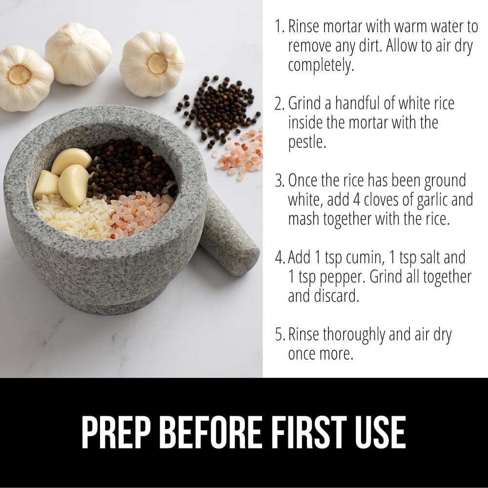 GORILLA GRIP Heavy Duty Mortar and Pestle Set with Slip Resistant Base, 100% Granite Stone Molcajete Guacamole Bowl, Grind Seeds Spices, Crush Garlic, Kitchen Muddler for Fresh Herbs, 1.5 Cup, Gray