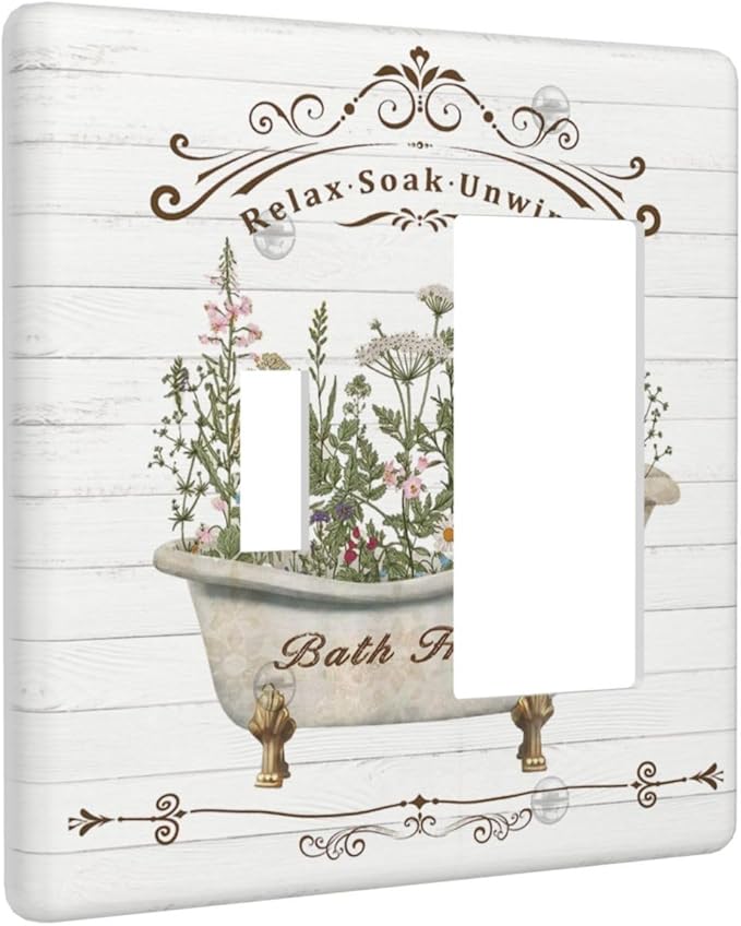 Rustic Farmhouse Wooden Board Botanical Flower 2 Gang Combination Light Switch Cover Decorative Toggle Rocker/Decora Wall Plate Electrical Faceplate for Bathroom Kitchen Home Decor