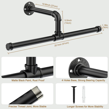 FANHAO Industrial Pipe Clothes Rail, Heavy Duty Rustic Detachable Wall Mounted Clothes Rack Black Iron Garment Bar, Multi-purpose Hanging Rod for Closet Storage, 2 Pack