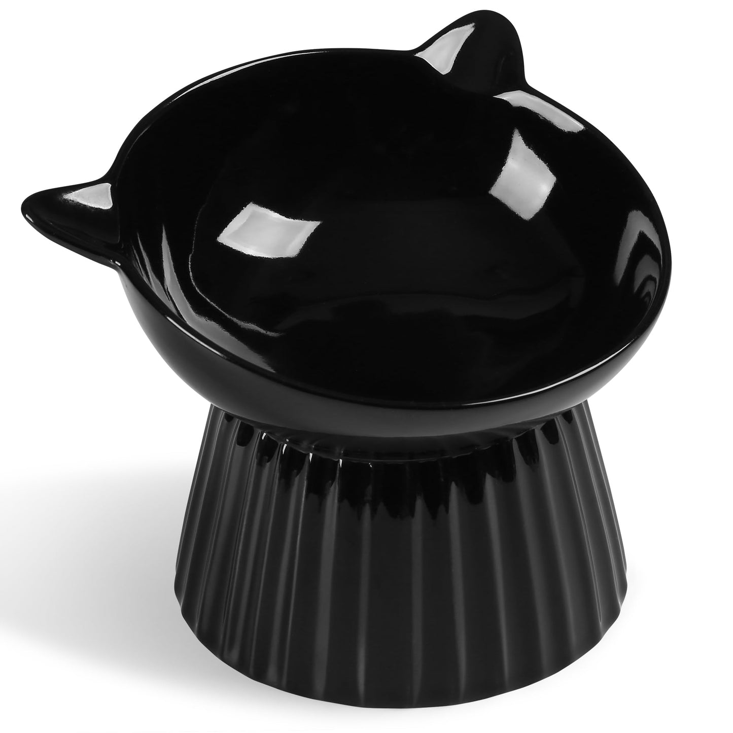Wellbro Ceramic Raised Cat Bowl，Tilted Raised Bowl Anti Vomit for Indoor Cats Whisker Friendly Pet Feeder for Cats Puppies, Microwave and Dishwasher Safe (Black)