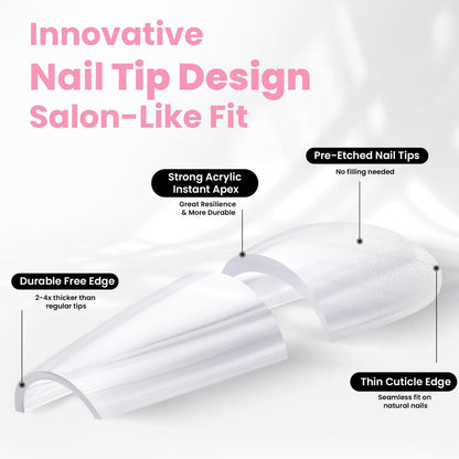 Beetles Tipex Instant Apex Nail Tips Kit, Coffin Long 224Pcs 16 Sizes Pre-Building & Pre-Etched Thicker Acrylic Nails False Nail Extension with Tipex Nail Glue Mini Nail Lamp