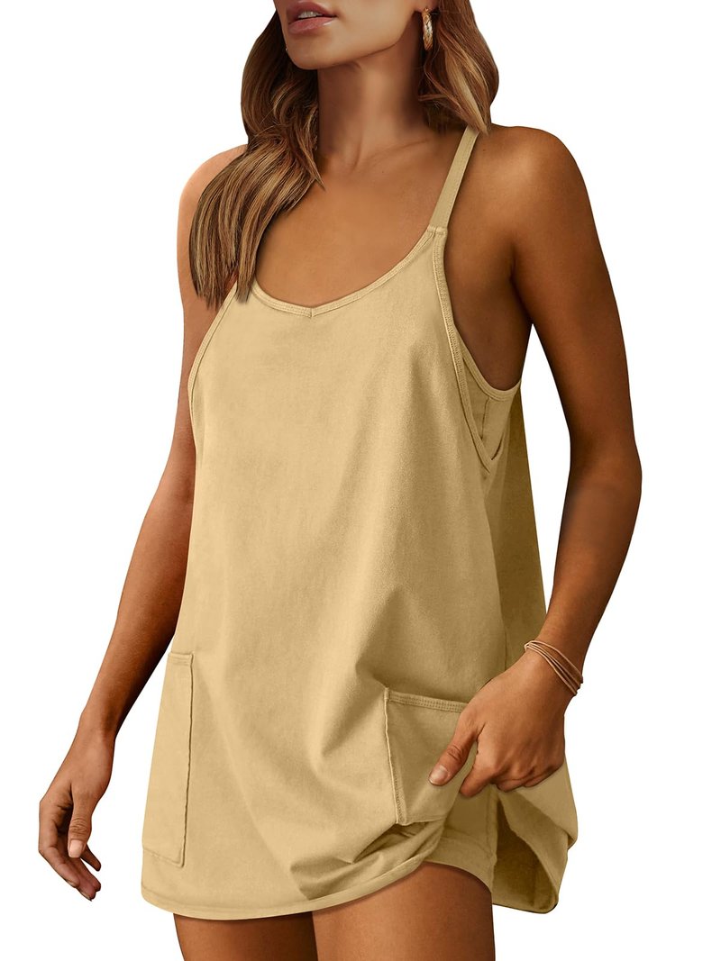 ANRABESS Women Athletic Dress Summer Tennis Workout Active Sports Mini Romper Dress Built in Shorts Travel Vacation Clothes Light Yellow Large