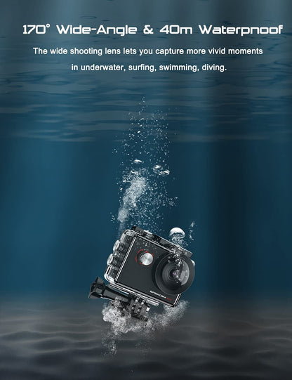 Apexcam 4K Action Camera - EIS Stabilization, 131FT Waterproof Underwater - WiFi Sport Helmet Camera (Selfie Stick, Remote Control, 2 Batteries & Accessory Kit)