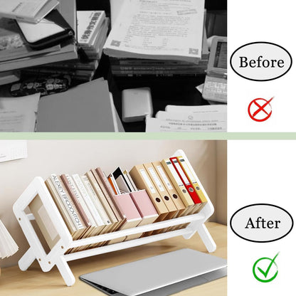 Fox Claw Wood Tilting Bookcase in Living Room/Home/Office, Desktop Book Shelf Organizer Bookshelves Storage Rack for CDs/Magazine/Books Display (White, 16"-L)