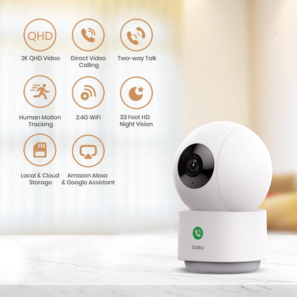 AOSU 2K Security Camera Indoor, Baby Monitor Pet Camera 360-Degree for Home Security with 2.4 GHz Wi-Fi Router, One-Touch Call, Smart Motion Tracking, IR Night Vision, Compatible with Alexa