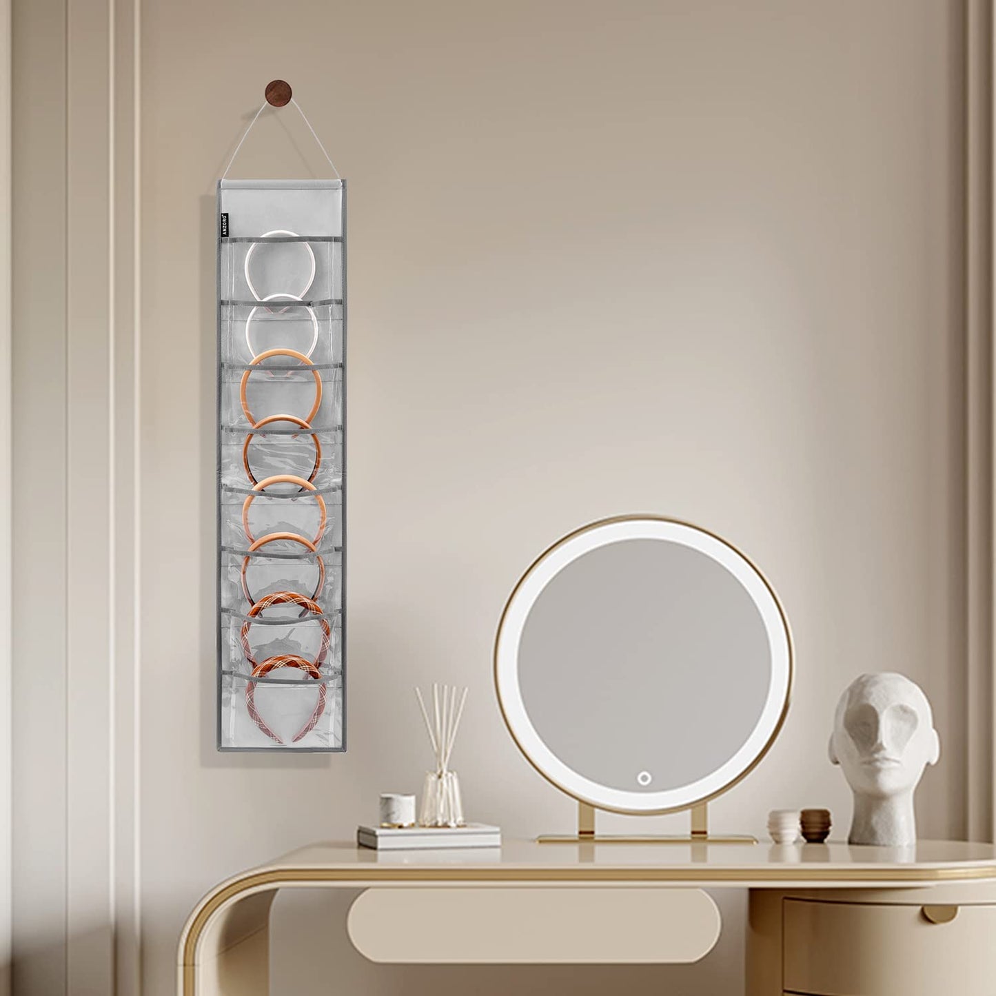 ANZORG Wall Hanging Headband Organizer Ribbon Hair Hoops Storage Hairbands Hair Accessory Holder with Clear Pockets (GREY-8 POCKETS-2 Pack)