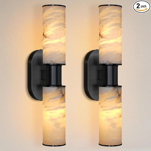 22.2" Alabaster Wall Sconce Set of 2, Black Bathroom Wall Sconce, Spanish Natural Marble Sconces Modern Wall Lights Lamps for Bedroom Living Room Stairs Indoor Hallway Vanity, Black
