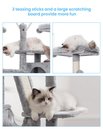 Hey-brother Cat Tree, 53 inch Cat Tower for Indoor Cats, Cat House with Padded Platform Bed, Toy Balls, Large Cozy Condo, Hammocks and Sisal Scratching Posts, Light Gray MPJ019-SW