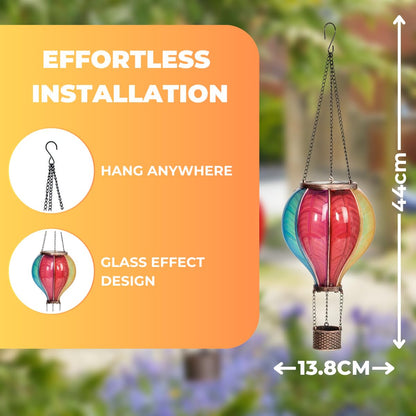 Festive Lights - 45cm Solar Power Rainbow Stain Cool Fiesta Realistic Flame Outdoor Hanging SMD LED Hot Air Balloon Lantern - Multicoloured Glass Effect Flaming Garden Light with Handle