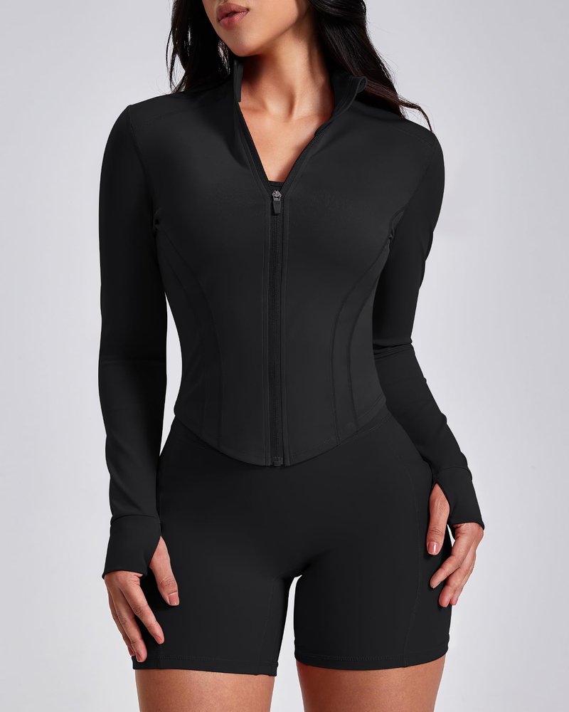 GYM RAINBOW Workout Jackets for Woman Lightweight Athletic Full Zip Running Jacket BBL Crop Tops With Thumb Holes(#1 Black,Medium)