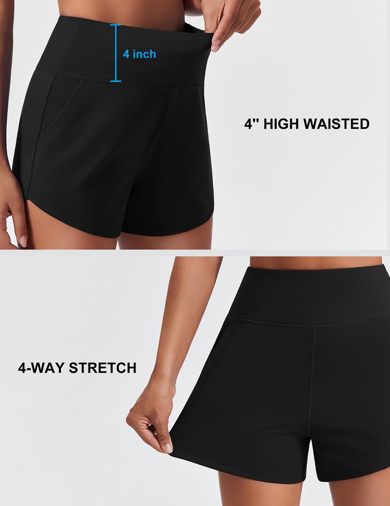 PINSPARK Womans Athletic Running Shorts Workout Sports Active Short Yoga Fitness 3.5" Inseam Soft Smooth Gym Shorts with Side Pockets, Black Medium