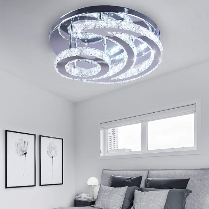 CXGLEAMING 15.7" Crystal Chandelier Modern LED Ceiling Light Moon Shape Crystal Flush Mount Ceiling Lights Fixture for Bedroom Living Room Kitchen Hallway (6500K Cool White)