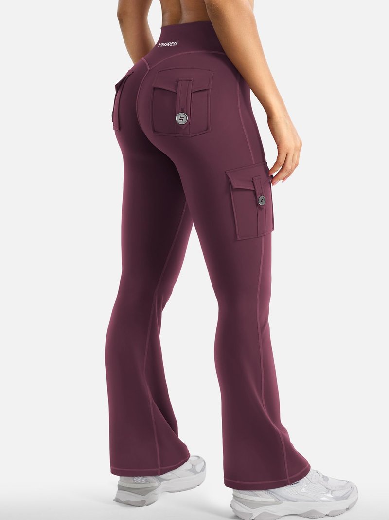 YEOREO CoreFlex Women Workout Flare Leggings with Pockets Scrunch Cargo Gym Yoga Leggings Black Cherry S