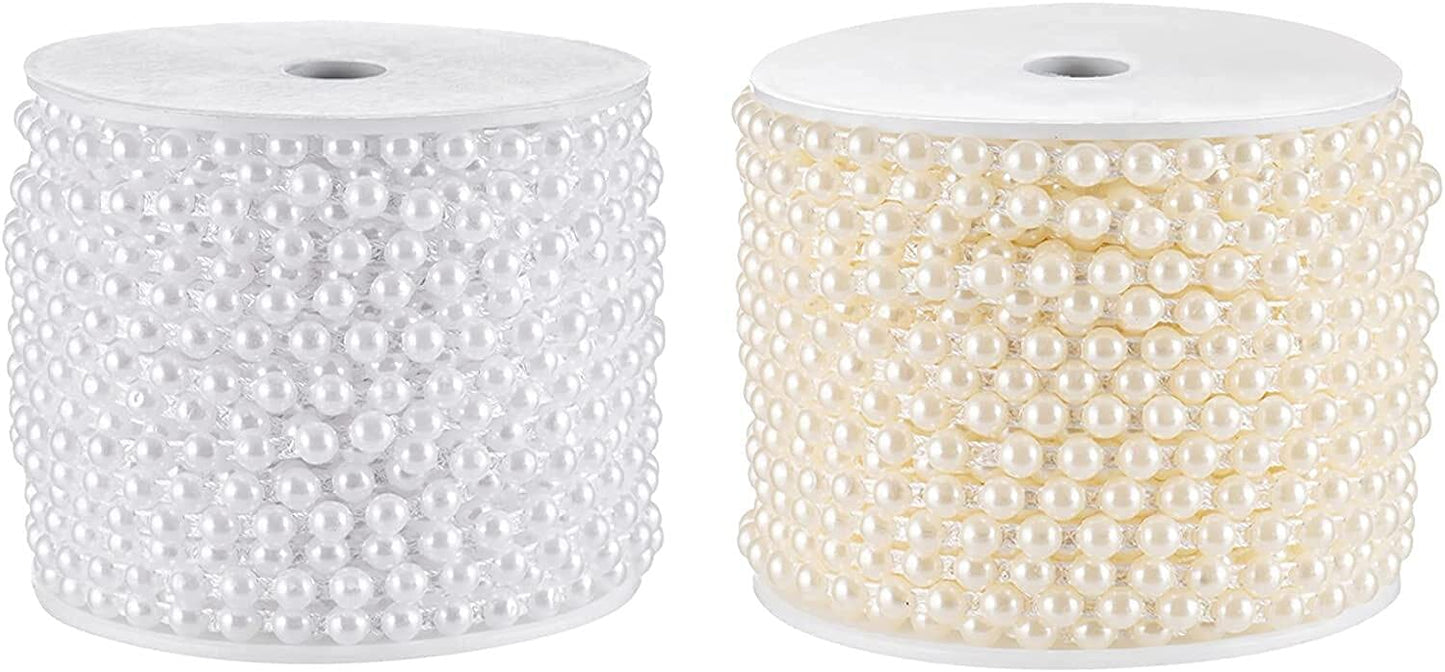 Flat Pearl Garland String 27 Yards, 6MM Half-Round Beaded Spool Roll Crafts for Wedding Decoration (Ivory)