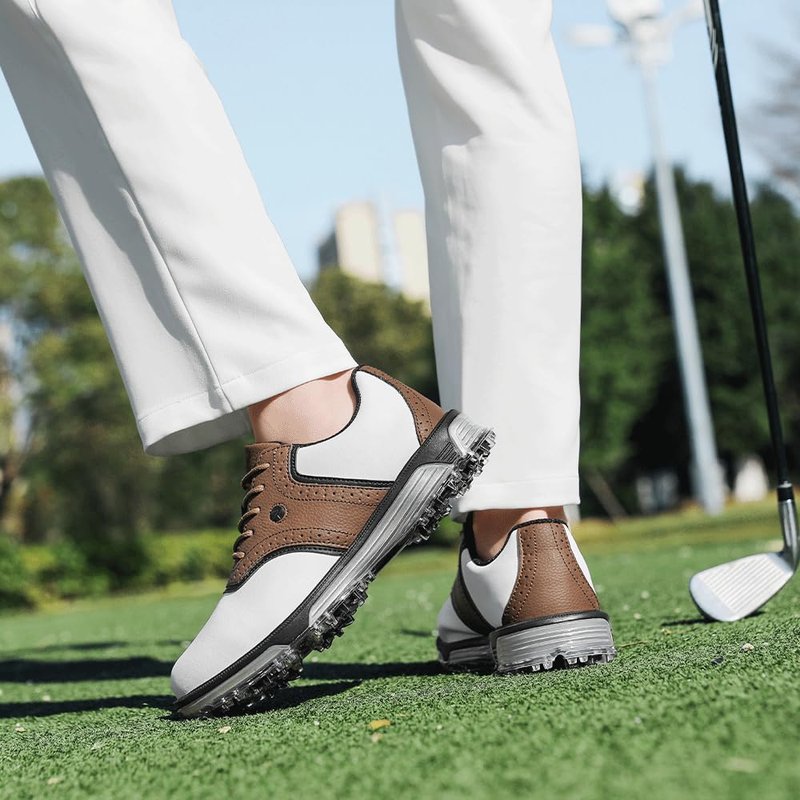 DARIBOM Mens Golf Shoes Traditions Fixed Nailless Sole Waterproof Spikeless Size 13(Brown)