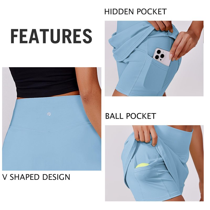 PINSPARK Womens Athletic Skirt High Waisted Mini Tennis Skorts with Pockets Solid Running Skirt Golf Workout Skater, Light Blue XXL