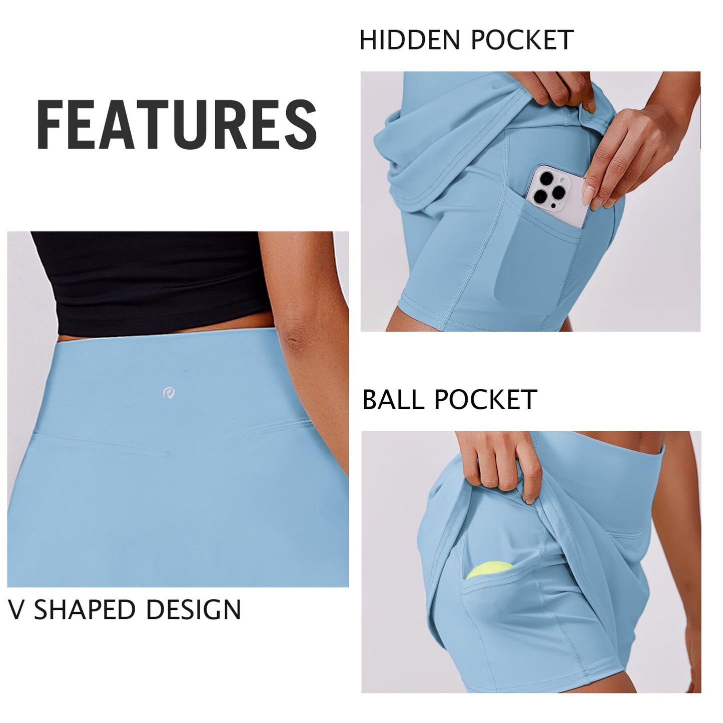 PINSPARK Womens Athletic Skirt High Waisted Mini Tennis Skorts with Pockets Solid Running Skirt Golf Workout Skater, Light Blue XL