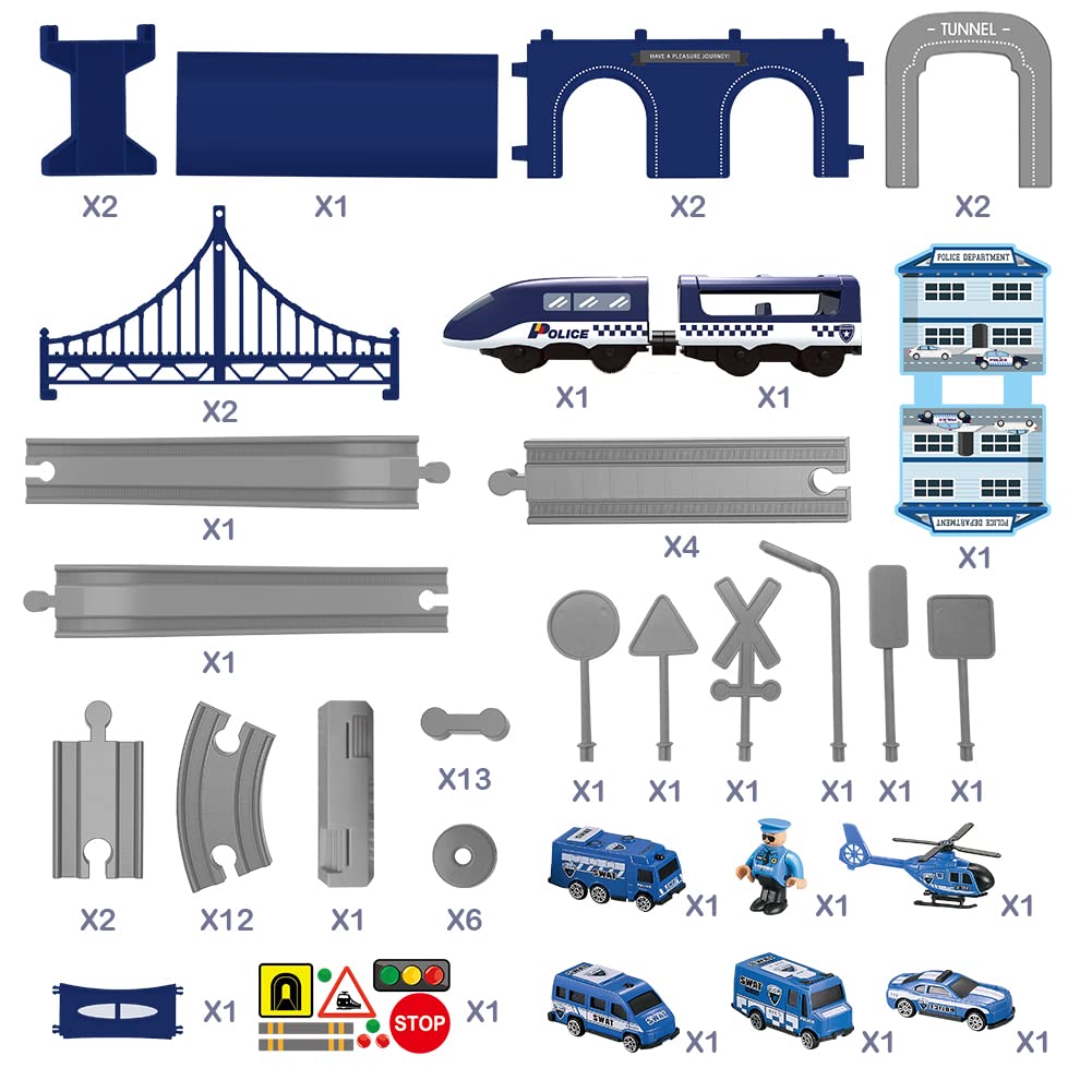 XIAPIA Railway Learning Educational Toys, Train Sets for Kids Boys Girls Age 3 Years Up, 66 Pcs Electric Track Accessories Car Set Christmas Xmas New Year Gifts (blue police)