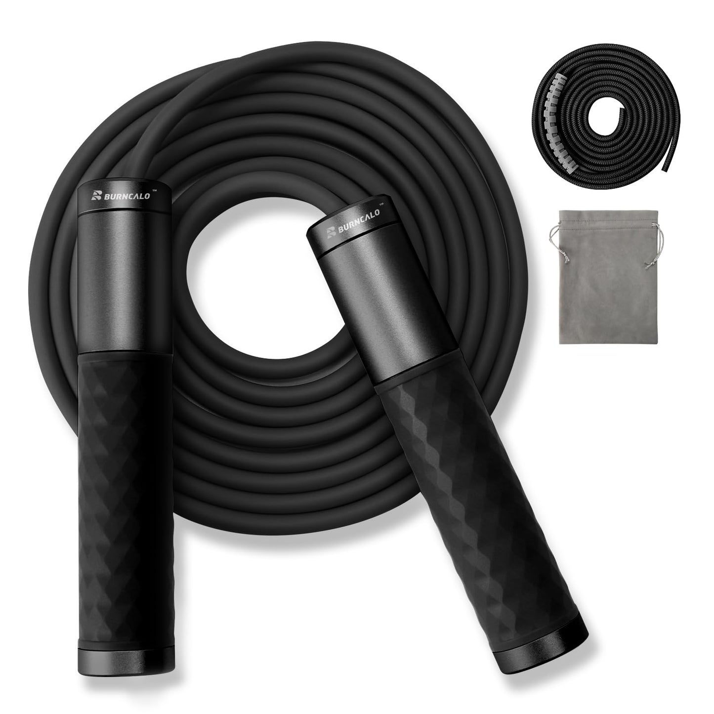 BURNCALO Weighted Jump Rope for Fitness, Skipping Rope for Men Women, Metal Heavy Handles, Ball bearings, Adjustable Length PVC Cord and Cotton Rope, Endurance Training Fitness Exercise Workout