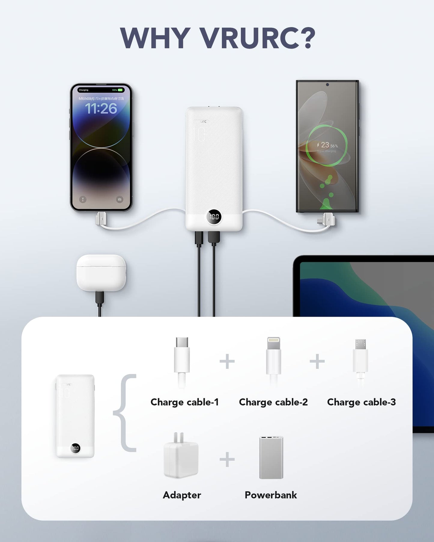 VRURC Portable Charger Built-in Cables and AC Wall Plug, USB C Power Bank 10000mAh, Travel Essentials Phone Charger Compact Lightweight External Battery Pack for Smart Phones, Tablets etc-Pink