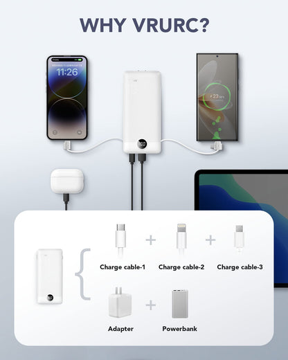 VRURC Portable Charger Built-in Cables and AC Wall Plug, USB C Power Bank 10000mAh, Travel Essentials Phone Charger Compact Lightweight External Battery Pack for Smart Phones, Tablets etc-Pink