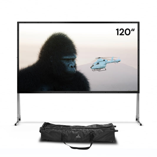 AWOL VISION Folding Outdoor Projector Screen with Stand (120 inches), Portable 16:9 4K HD Rear Front Movie Screen with Carry Bag for Theater Backyard Movie Night,Cinema School