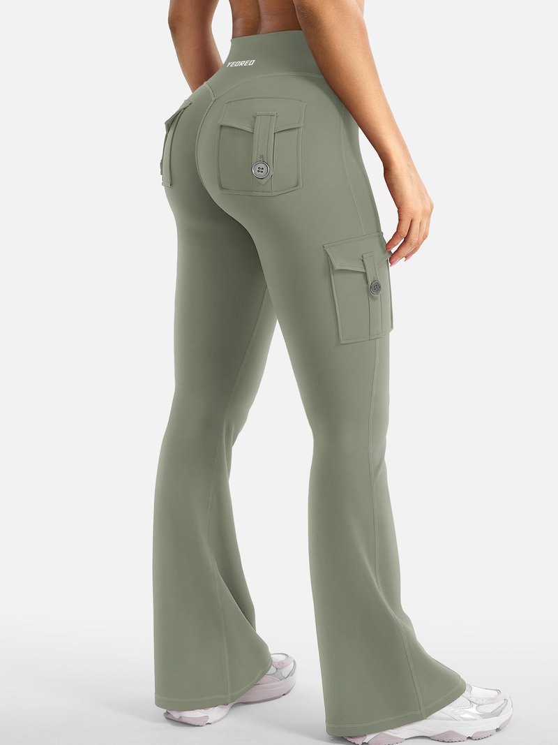 YEOREO CoreFlex Women Workout Flare Leggings with Pockets Hidden Scrunch High Waisted Cargo Gym Yoga Leggings Light Army Green XL