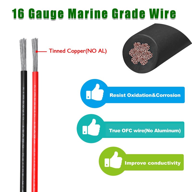 16 Gauge Marine Wire Tinned Copper Boat Cable, Standard USA OFC Oxygen Free Copper Wire for Automotive Boat Speakers Solar Outdoors (16 Gauge 30FT Red+30FT Black)