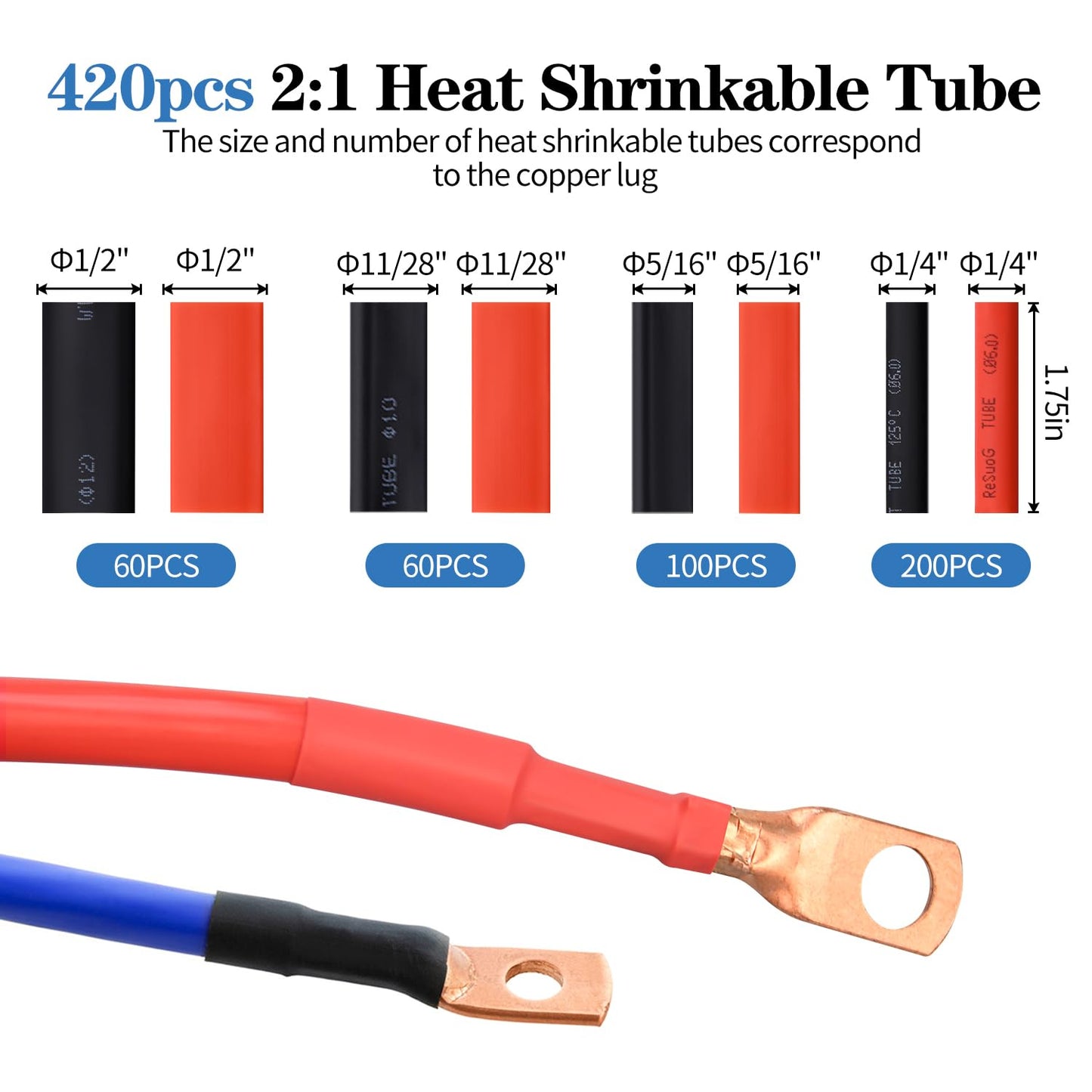 Battery Cable Wire Lug Crimping Tool Kit with 340pcs Copper Wire Lugs, Wire Crimping Tool for AWG 10-1/0 Electrical Lug Crimper, with Cable Cutter, 420pcs Dual Wall Adhesive Heat Shrink Tubing