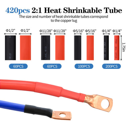 Battery Cable Wire Lug Crimping Tool Kit with 340pcs Copper Wire Lugs, Wire Crimping Tool for AWG 10-1/0 Electrical Lug Crimper, with Cable Cutter, 420pcs Dual Wall Adhesive Heat Shrink Tubing