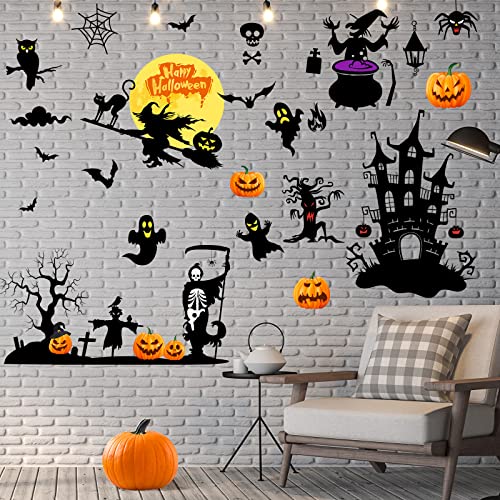 6 Sheets Halloween Wall Decals Black Bats Witch Ghost Ancient Castle Pumpkin Wall Stickers Decor Removable DIY Home Art for Halloween Party Supplies