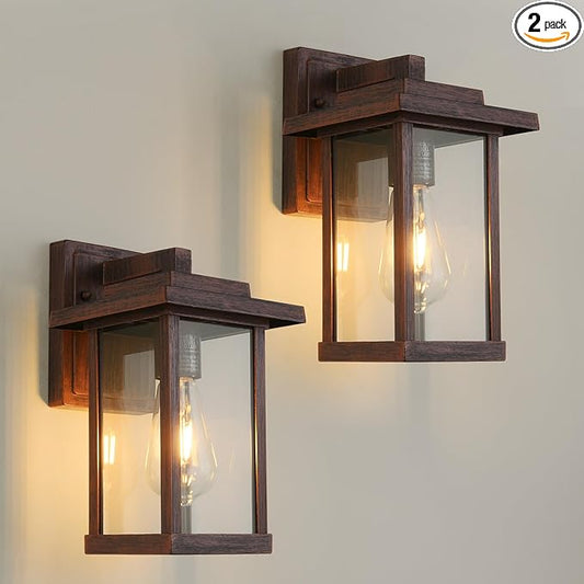 Outdoor Wall Sconce, Outside Porch Light Fixtures, Anti-Rust Exterior Wall Lights in Brown Finish with Clear Glass for Garage Doorway Entryway, 2 Pack