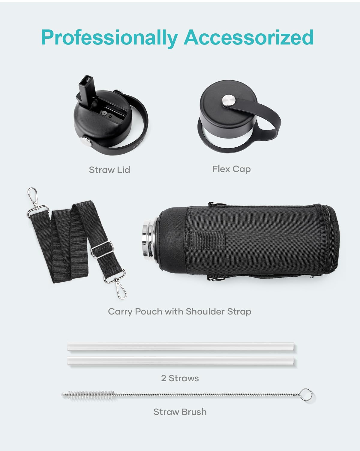 BUZIO 1180ml Insulated Water Bottle with Straw Lid and Flex Cap, 40oz Stainless Steel Drinking Bottle (Keep Cold 48 Hrs/Hot 24 Hrs) Metal Flask Leakproof Wide Mouth Thermo Canteen for Sports, Black